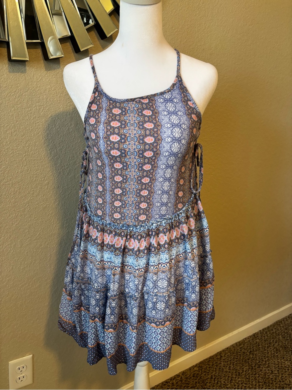 Patrons of Peace Blue and Pink Patterned Spaghetti Strap Dress